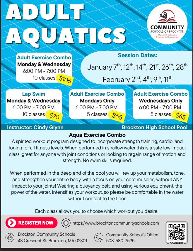 ADULT AQUATICS 2026 JANUARY THRU FEBRUARY Classes in Brockton, MA